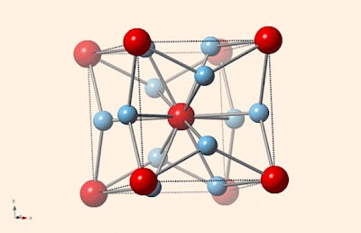 Immagine 1 - la struttura cristallina della lega metallica beta-Ti3Au (in blu gli atomi di titanio, in rosso quelli d'oro) - Credit: E. Morosan/Rice University