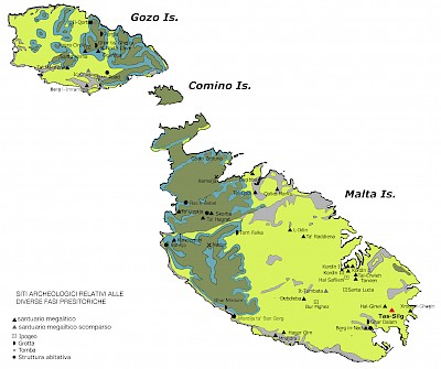 Arcipelago maltese: distribuzione dei siti archeologici relativi alle diverse fasi preistoriche Tas-Silg (Malta). Uno degli altari megalitici relativi al santuario del Neolitico Tardo (foto Missione Archeologica Italiana a Malta).