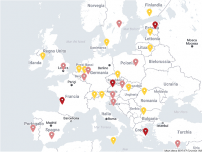 Nell’immagine sono contrassegnati i 29 paesi europei coinvolti nel progetto e che partecipano all’esposizione della mostra itinerante.