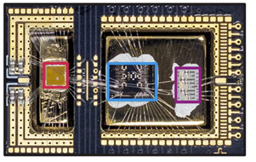 Immagine 1 - A sinistra il chip Gooseberry (rosso) al centro un chip di prova qubit (blu) e a destra un chip risonatore (viola). Credits: Microsoft.