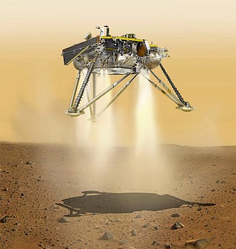Immagine 1 - illustrazione artistica che mostra il lander Mars InSight mentre inizia le manovre di atterraggio sulla superficie di Marte. Credits: NASA/JPL-Caltech.